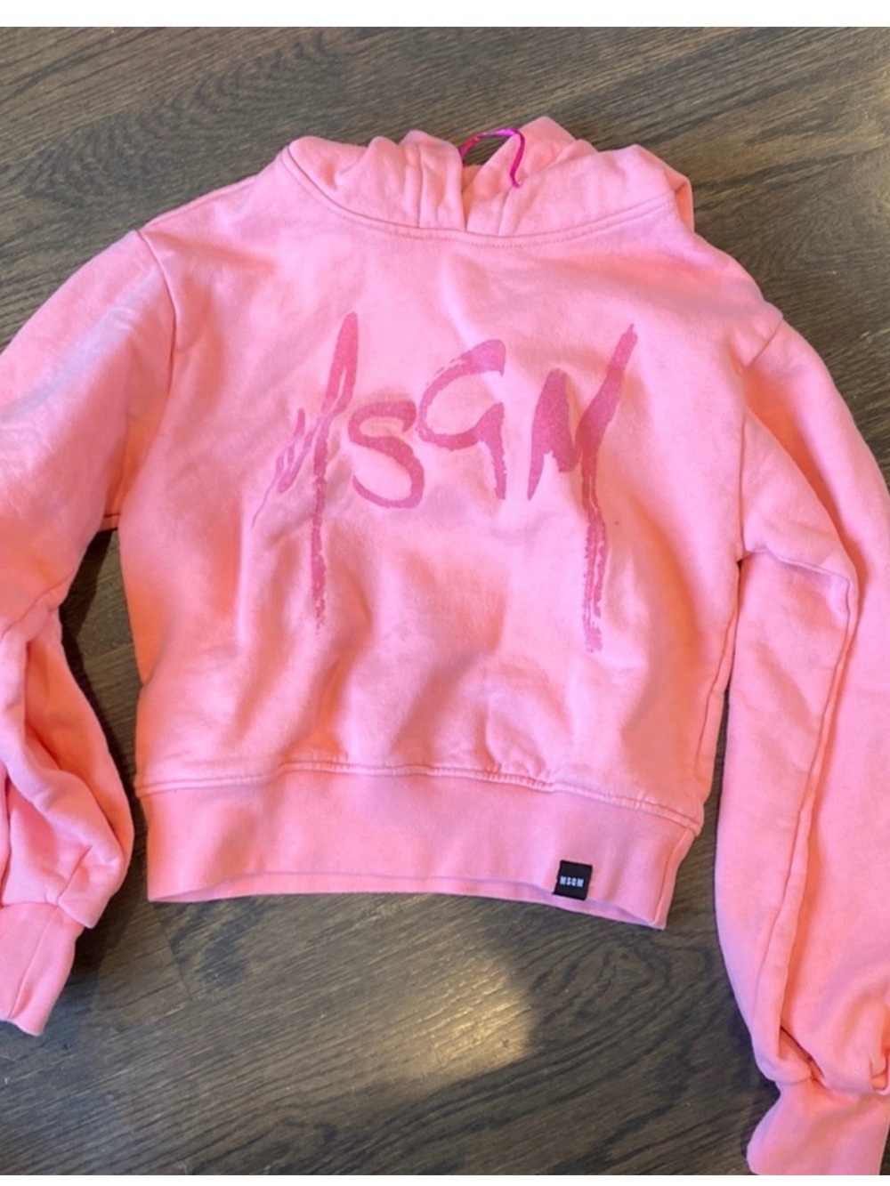 MSGM Pink Cropped Hoodie with Brushstroke Logo